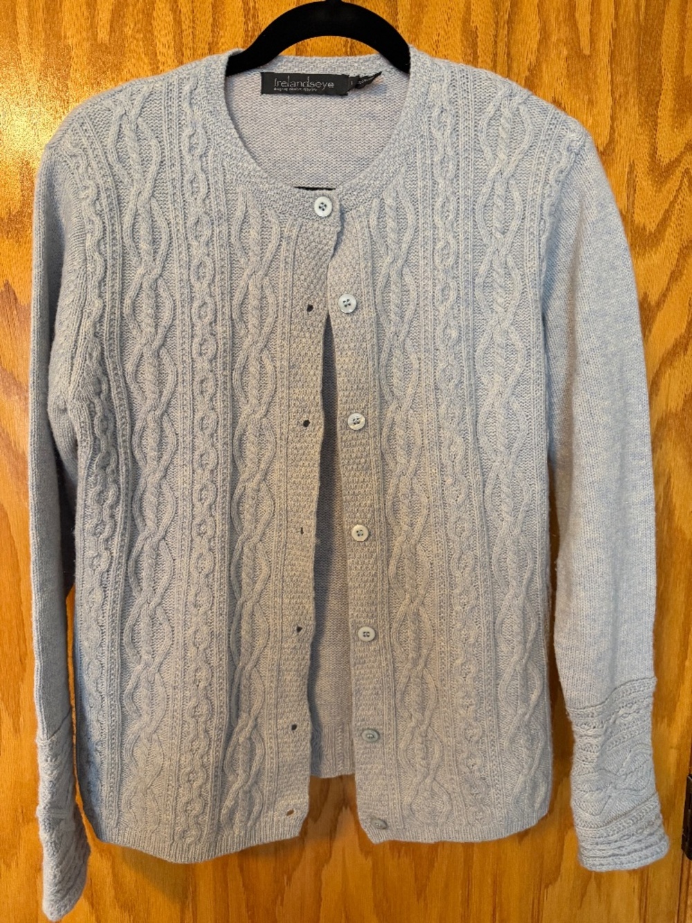 Irelandseye Wool Cashmere Cable Knit Cardigan Sweater Light Blue Womens Size LG